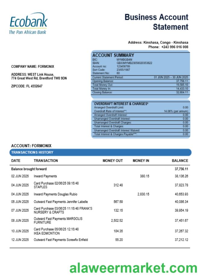 Congo Ecobank firm account statement Word and PDF template